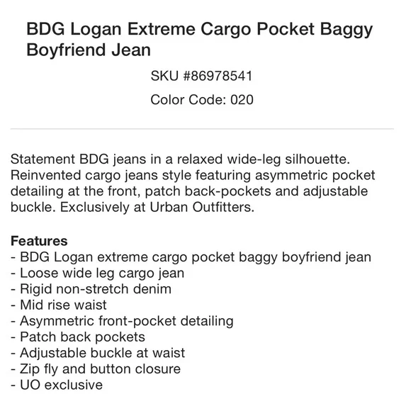 BDG Urban Outfitters Logan Extreme Cargo Pocket Baggy Boyfriend Jean-EUC - Picture 4 of 15